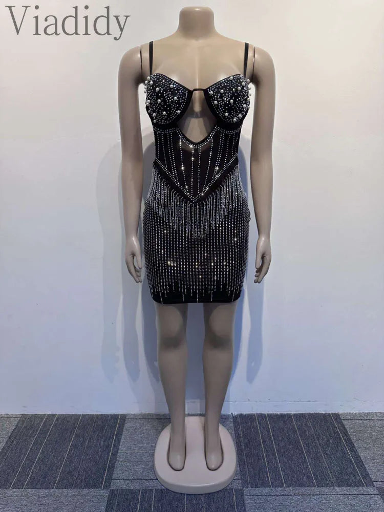 Rhinestone Beading Hollow Bandeau Backless Slim Party Dress