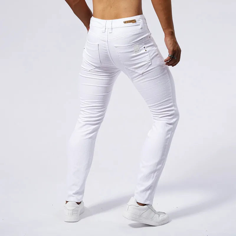 Summer new men's white casual versatile high elastic straight leg jeans with tight and stylish sports and fitness pants for men