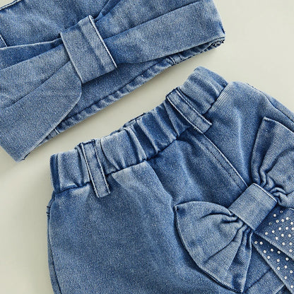 6M-5T Kids Girls 2Pcs Denim Clothes Set Sleeveless Crops Bow Tops Shorts