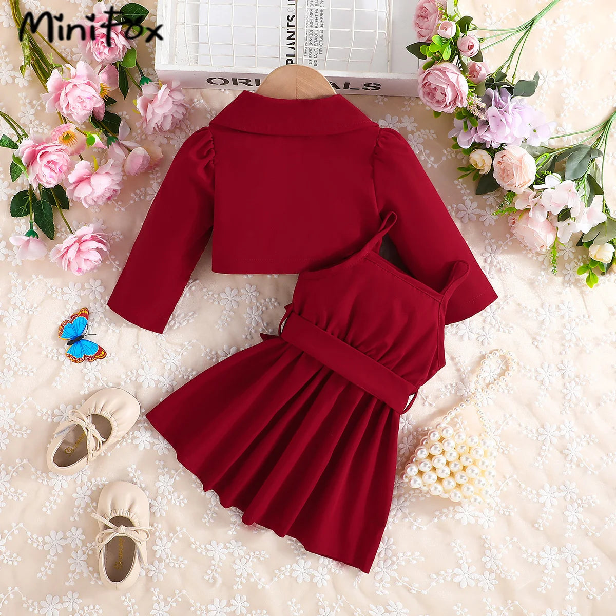 MiniFox 2 Pieces Suit Sets For Baby Girls Lapel Blazer Coat and Belted Wine Dress Kids Party Baby Clothes Girls Outfits Sets