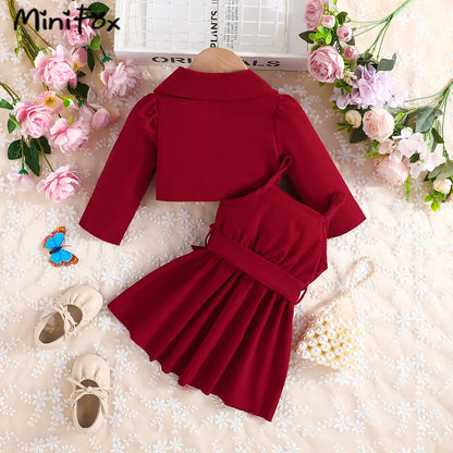 MiniFox 2 Pieces Suit Sets For Baby Girls Lapel Blazer Coat and Belted Wine Dress Kids Party Baby Clothes Girls Outfits Sets