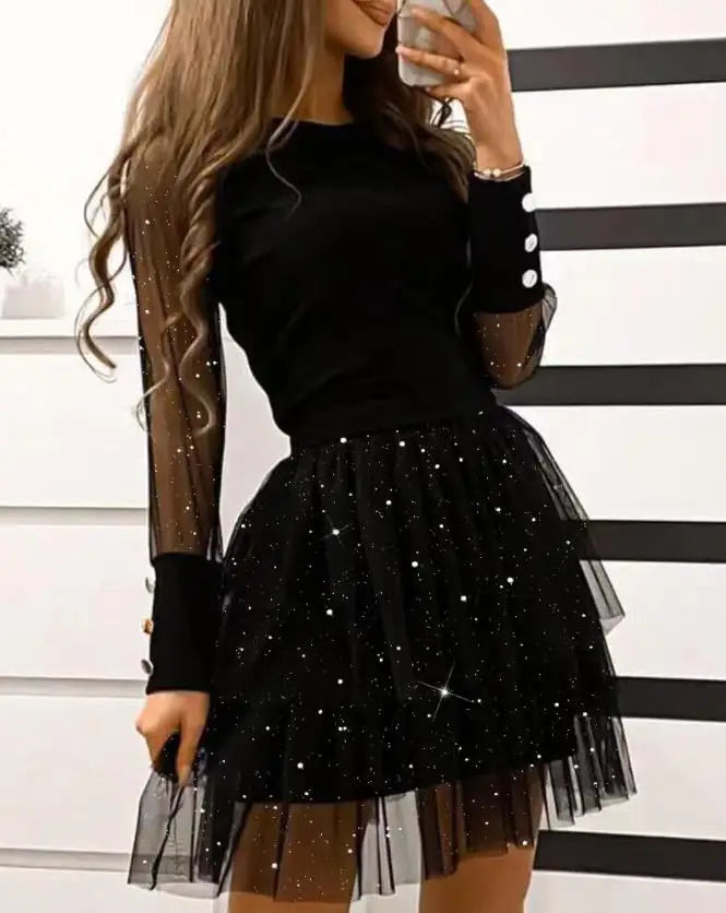 Womens Dresses 2025 Spring Fashion Glitter Print Long Sleeve