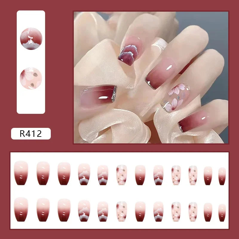 Vintage Camellia Wearable Pink Press on Fake Nails Tips with Glue False Nails Design Butterfly Lovely Girl False Nails