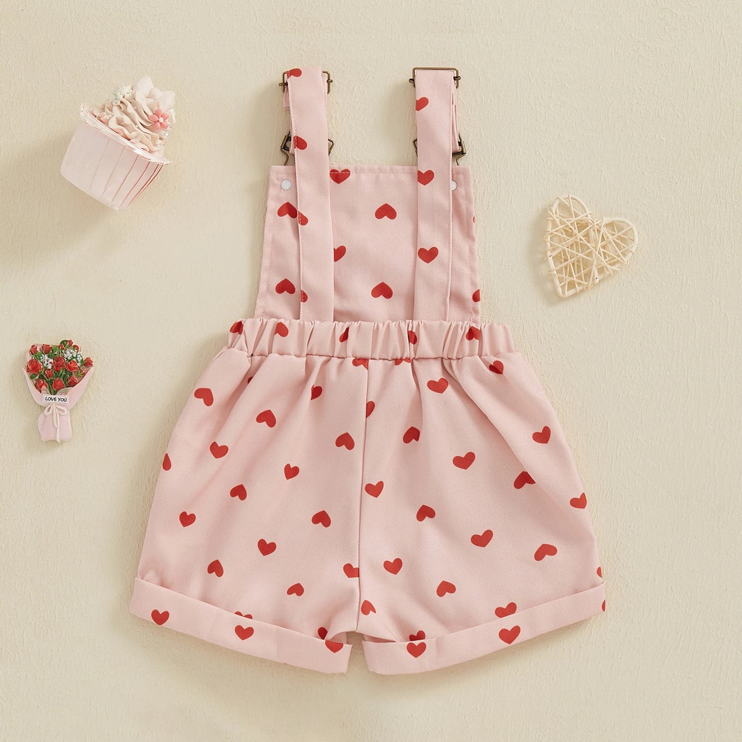 BeQeuewll Sweet Kids Girls Suspender Jumpsuit Romper Princess Heart Print Letter Embroidery Toddler Overalls Shorts Playsuits