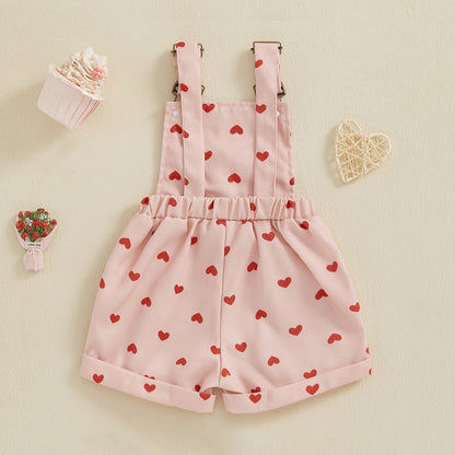 BeQeuewll Sweet Kids Girls Suspender Jumpsuit Romper Princess Heart Print Letter Embroidery Toddler Overalls Shorts Playsuits