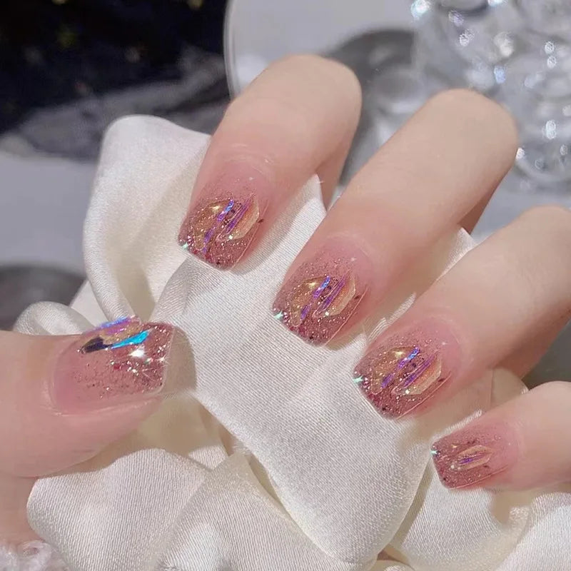 24Pcs Short Round Head Ballet Manicure Press On Nail Full Cover Artificial Coffin Fake Nails Wearing Reusable False Nails Art