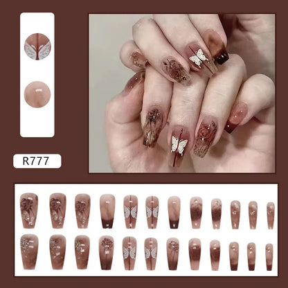 Vintage Camellia Wearable Pink Press on Fake Nails Tips with Glue False Nails Design Butterfly Lovely Girl False Nails