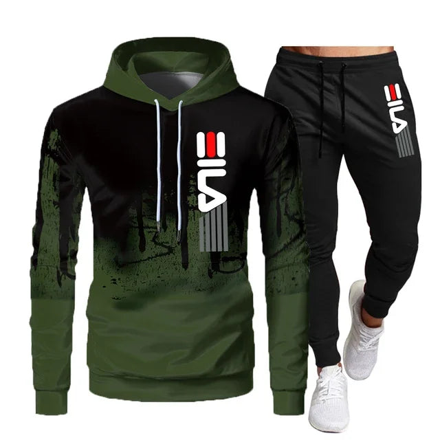New men's autumn and winter hoodie + pants two-piece set,2025 fashion outdoor fishing casual print jumper, men's sportswear