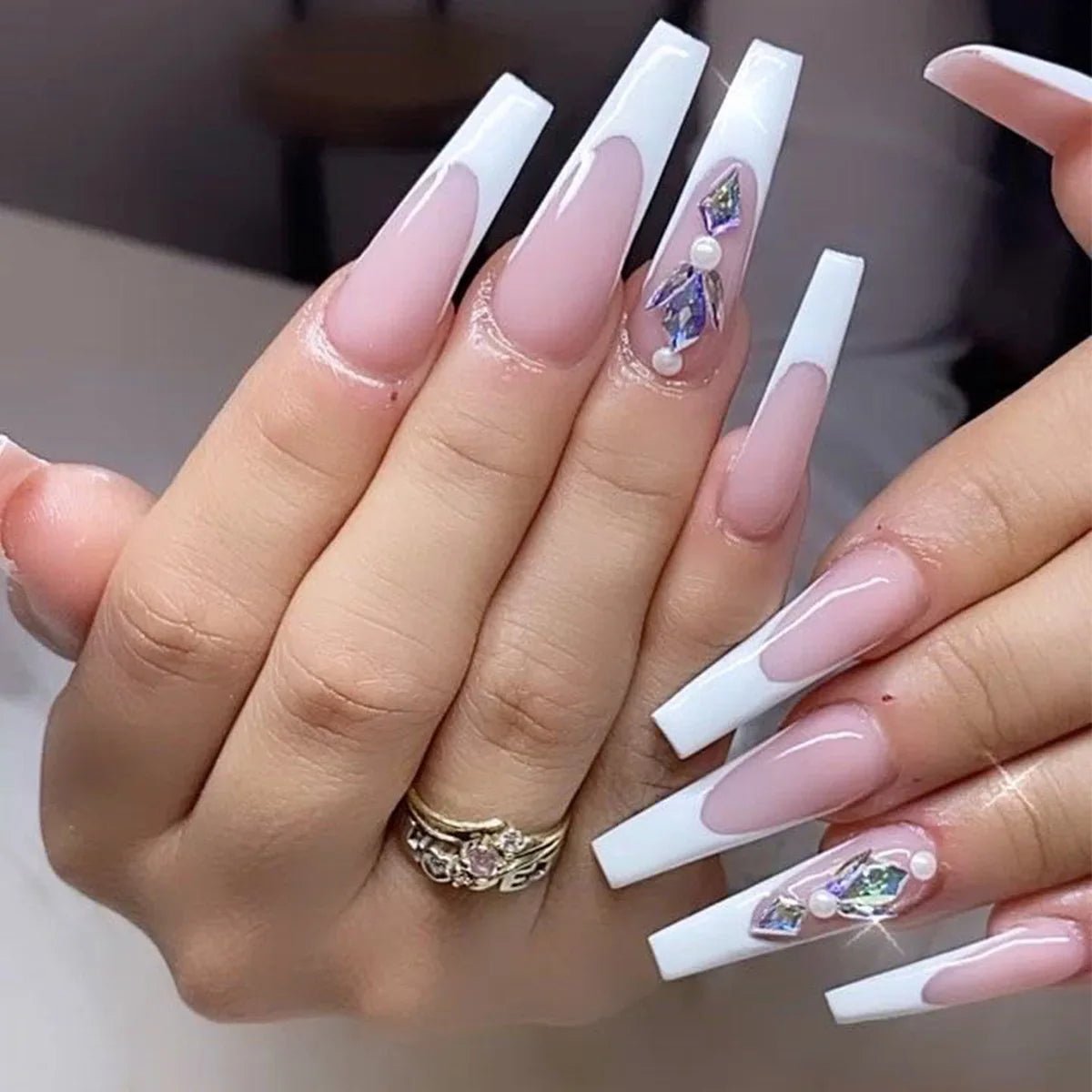 24Ps Super Long Ballet Wearable Fake Nails Blue Diamond Small Flower Press on Nail Stickers Finished Removable False Nail Pieces