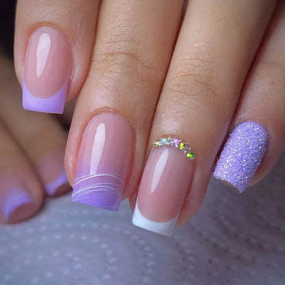 24Pcs Short Square Coffin False Nails Square Fake Nails with Glue French Glitter Wearable Acrylic Nails Set Press on Nail Tips