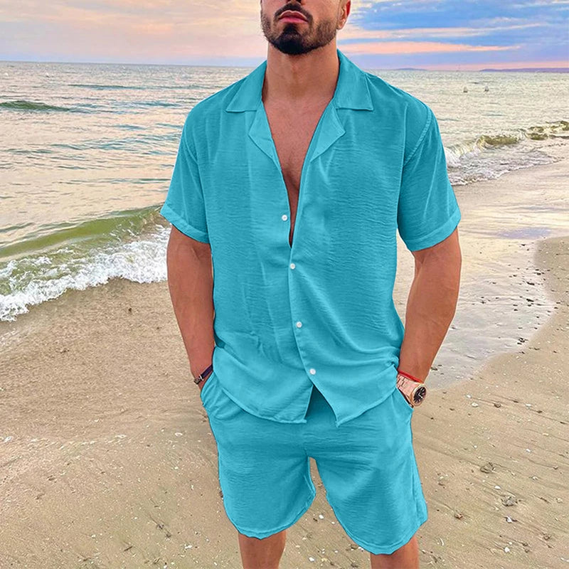 Men's Summer Casual Loose Two Piece Sets Beach Solid Cotton Linen Man Suit Short Sleeve Button Shirt And Shorts Office Outfits