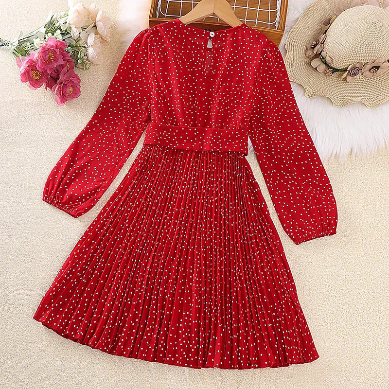 Dress Kids Girls 8-12 Years Red Polka Dot Long-Sleeved Pleated Dress For Girls Elegant Vacation Holiday Party Dress