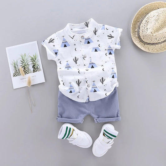 Summer Children Set for Boy 1-3Y Cartoon Print Shirt+Solid Short Baby Toddler Casual Cotton Soft 2-Piece Outfit Suit Kid Clothes