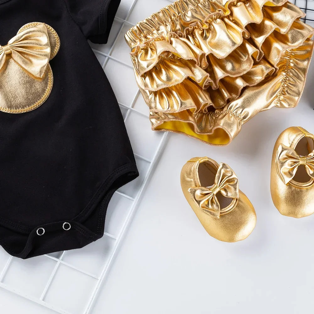 Baby Girl Jumpsuit Set of 4 pieces, Gold Bow Decoration Top, Ruffled Edge Shorts, Jumpsuit for Newborns, Set of 4 pieces/Set