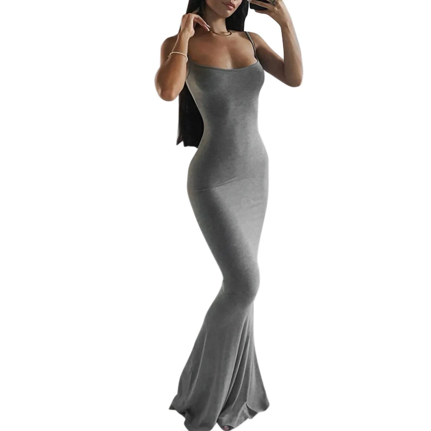 Sexy Bodycon Long Dress Solid Color Spaghetti Strap