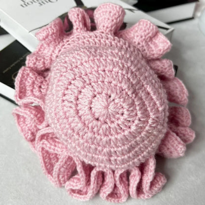 Handmade Crochet Knitted Hats Women Girl Crochet Scallop Ruffle Edge Knit Bucket Caps Adult Trendy Rainbow Striped Beach Sun Hat