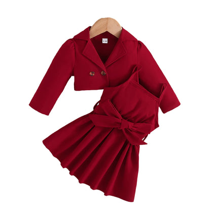 MiniFox 2 Pieces Suit Sets For Baby Girls Lapel Blazer Coat and Belted Wine Dress Kids Party Baby Clothes Girls Outfits Sets