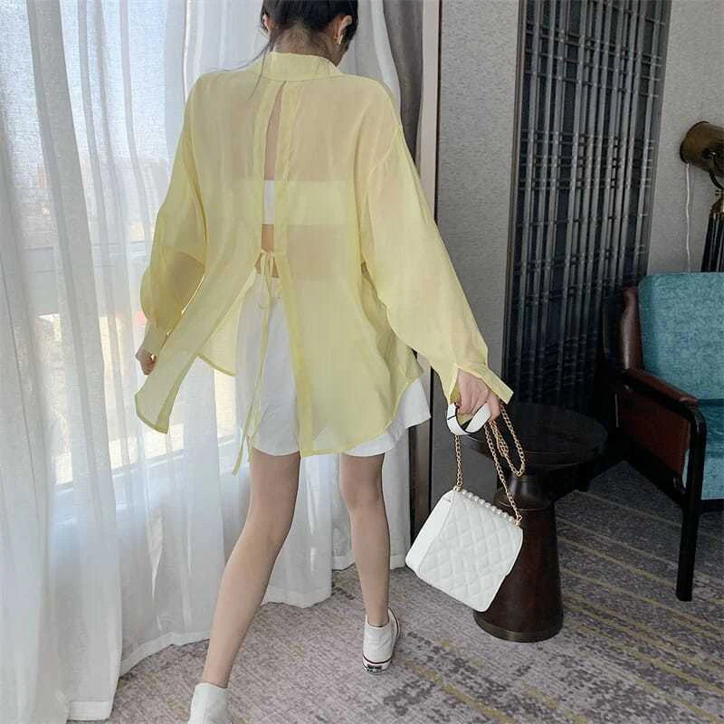 Women Elegant Chic Loose Lace Up Blouses Korean Fashion