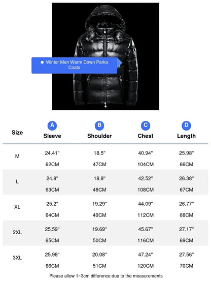 Winter Mens Shiny Down Parkas Coats Man Mountain Ski Cotton Thermal Coats Men Thick Windbreaker Hooded Jacket Clothing