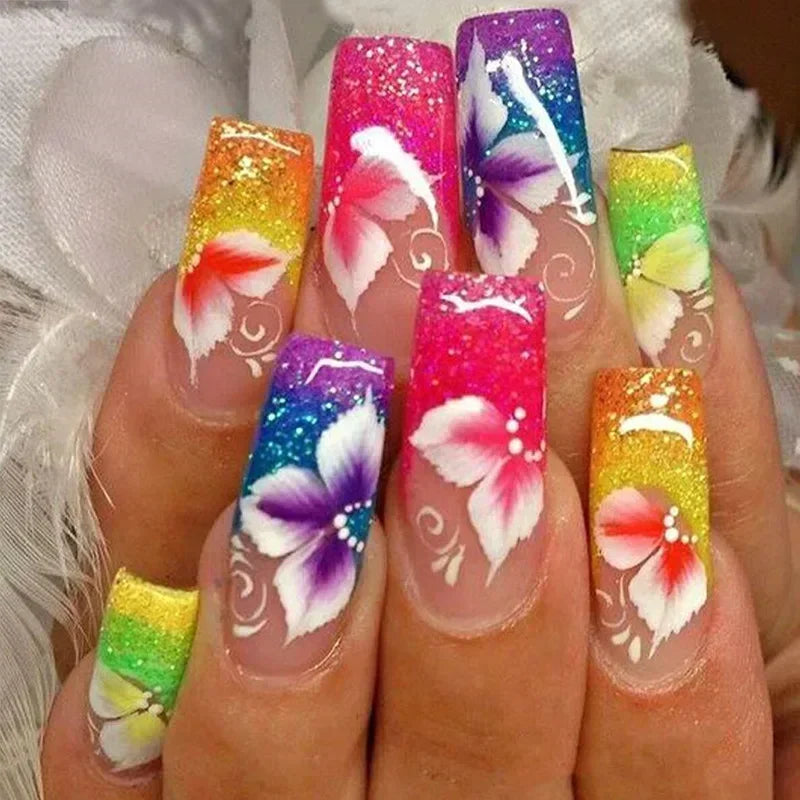 24Pcs wearable False Nails Long Coffin Press on Nails with Rhinestone colorful Flower Design Ballet artificial Fake Nails tips