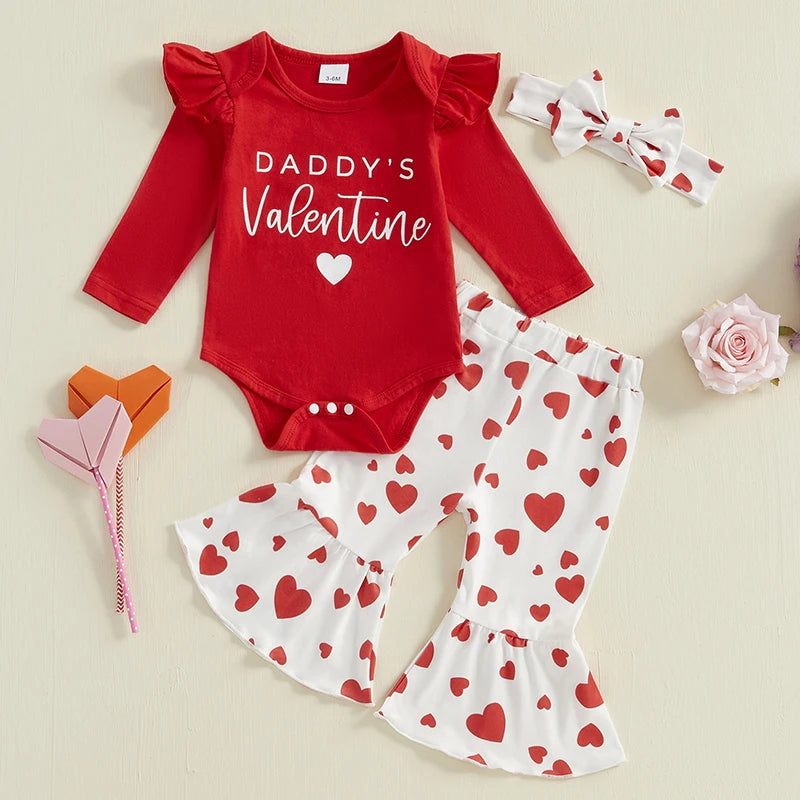 Baby Girl Valentines Day Outfit Letter Print Romper Love Heart Flare Pants Headband First Valentines Day Outfit