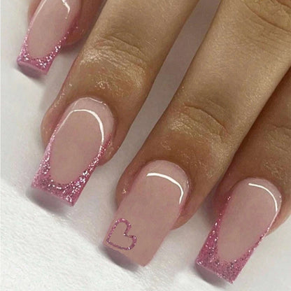 24pcs  press on nails short Square Love Design fake press on nails golden french tip press on nails cute glitter press on nails