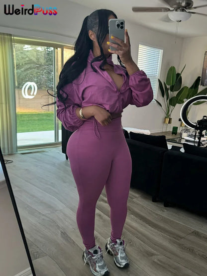 Weird Puss Autumn Women 2 Piece Set Casual Tracksuit Zipper Thin Drawstring Jacket+Leggings Matching Streetwear Sporty Suit