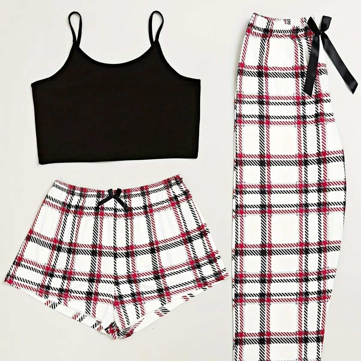 New 3Pcs Pajama Sets Wholesale Suspender Shorts Trousers Fashion Casual Bow Tie Home Wear Set Women's Casual Plaid Sleepwear Set