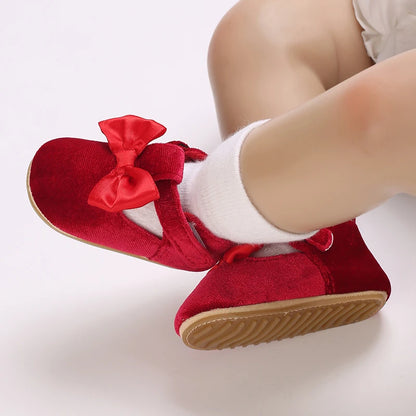 Newborn Baby Shoes Baby Girl Shoes Girl Classic Red Bowknot Rubber Sole Anti-slip PU Dress Shoes First Walker Toddler Crib Shoes