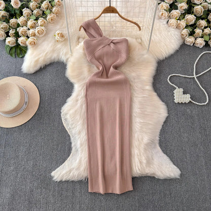 One-Shoulder Knitted Party Dress Women Sleeveless Knot Bodycon Dress