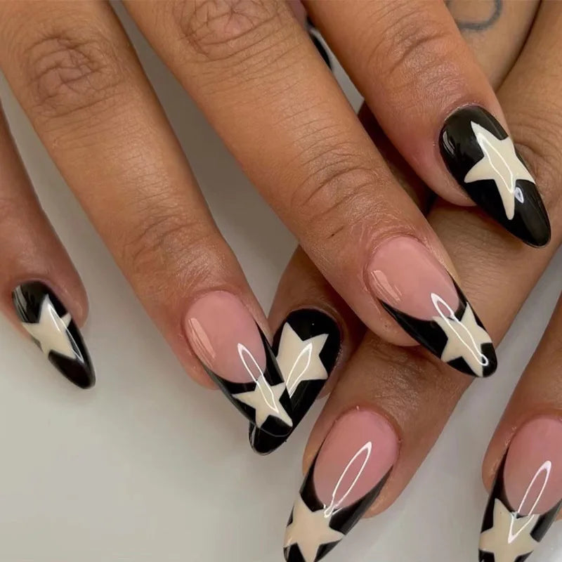 Y2K Black White Star Artificial Fake Nails