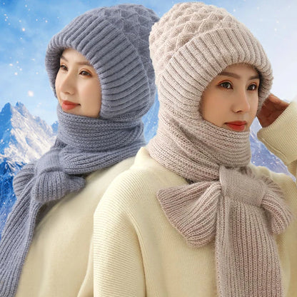 Velvet Thickened Plush Hats And Scarf All In One Knitted Women's Winter Double Layer Warm Wool Hooded Ear Protection Beanie Cap