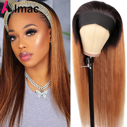 1B30 Ombre Headband Bone Straight Human Hair Wig None Lace Full Machine Made Wigs For Women 150% Density Long Layered Remy Hair