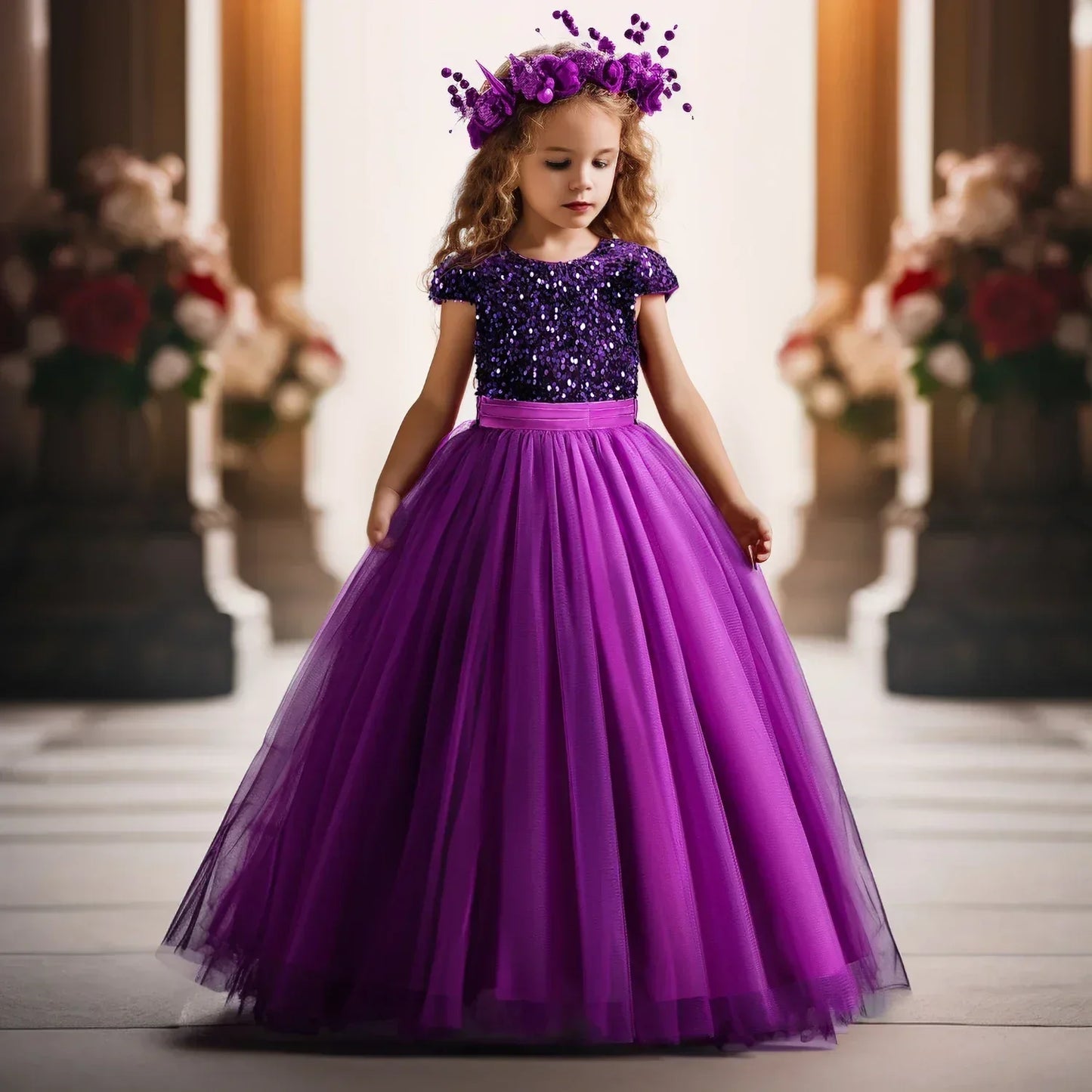 Puffy Girls Party Dress Elegant Kids Wedding Gala Prom Gown Sequin Bow