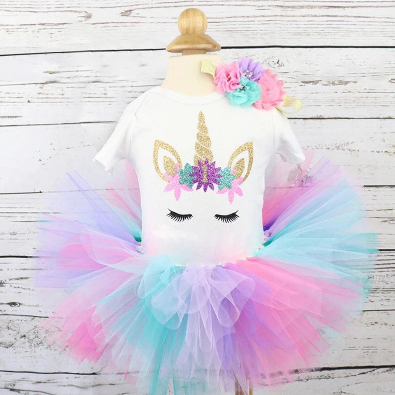 NewBorn Girls 1St Birthday Party Dress Princess 1 Year Old Ceremony Mesh Tutu Vestidos Infant Unicorn Christening Gowns