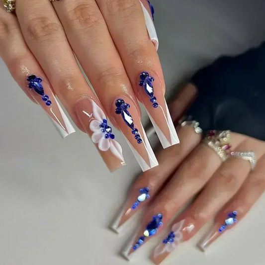 24Pcs False Nails Long Coffin Ballet French with Rhinestones Wearable Fake Nails Blue Flower Full Cover Press on Nails Tips Art
