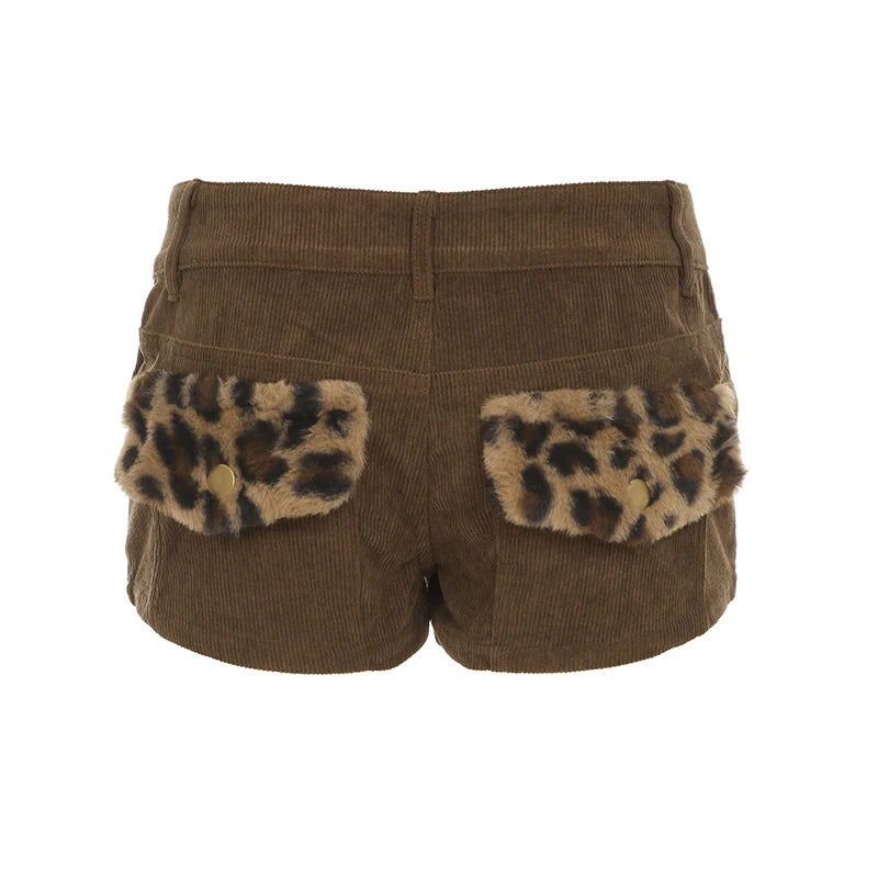 Patchwork Leopard Chic Y2K Corduroy Short Women Simple All-Match Button Mini Low-Waist Pants