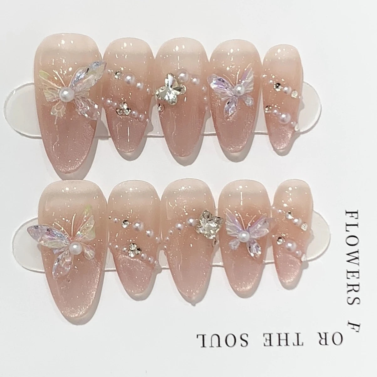 10Pcs Pink Handmade Press on Nails Full Cover Bow Tie Rhinestone Design French Almond Fake Nails Wearable Manicure Nail Tips Art