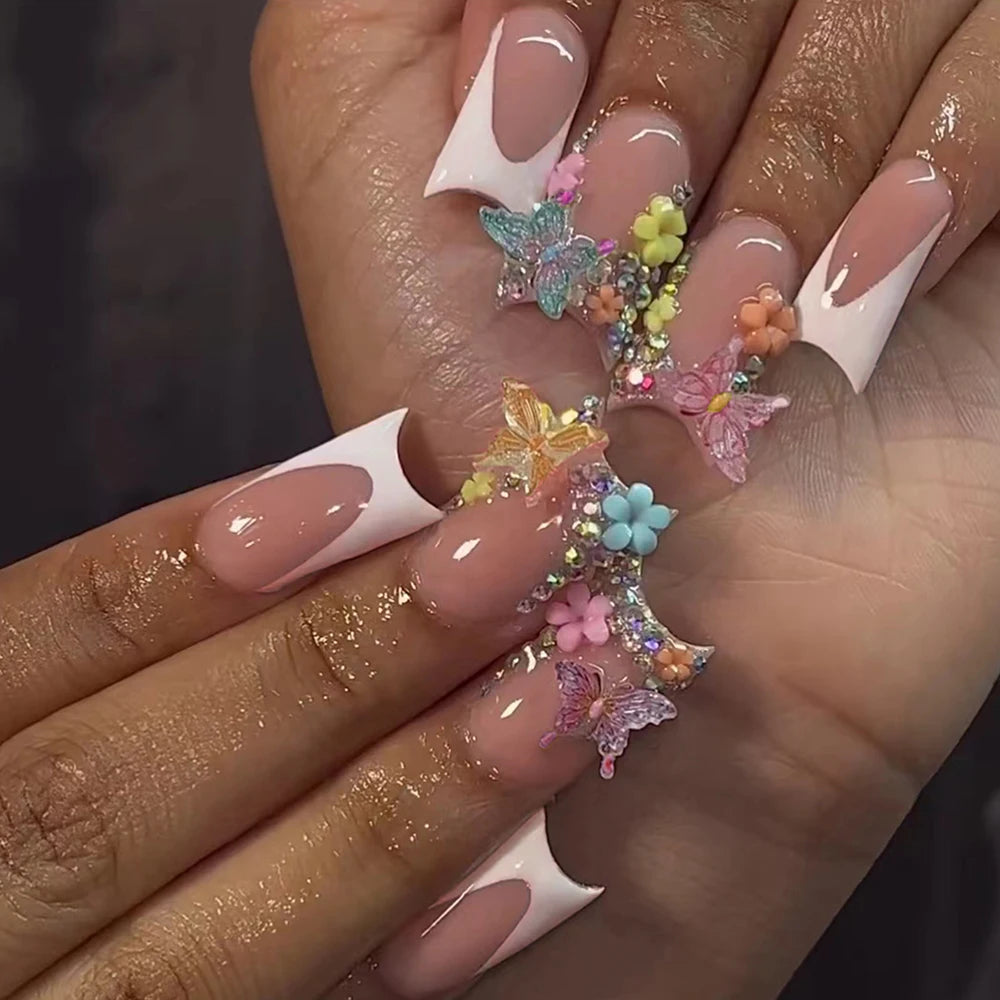 24pcs medium fake nail white French duck feet, colorful 3d butterfly flowers design, full cover press on nail，suitable for women