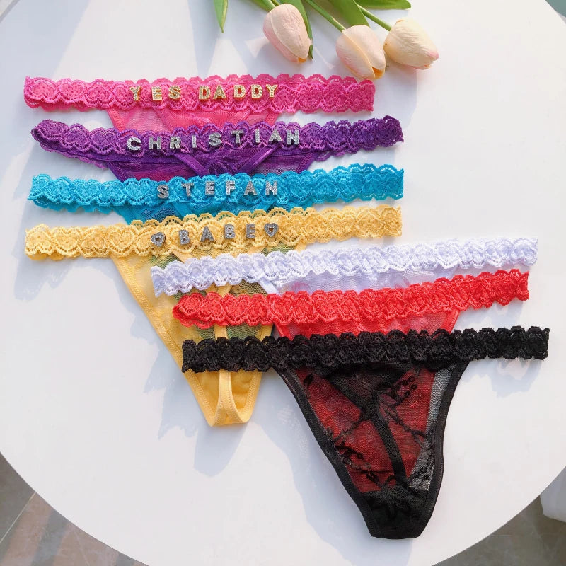 Customized Crystal Shining Letter Thongs Women's Sexy Lace Bikini Waist Chain Underwear Girl's Birthday  Gift Hot Wife Briefs