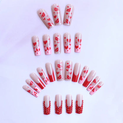 24pcs Red heart Ballerina long press on nails Red rhinestones fake press on nails sweet french tip press on nails cute  fashion