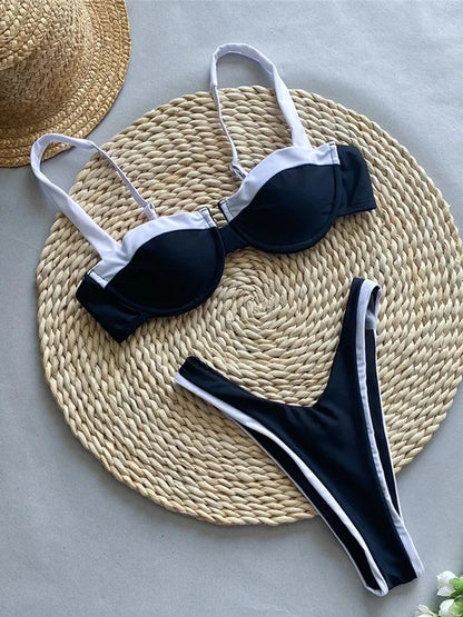 OIINAA Swimwear Women Sexy Block Color Bikinis Set Black White Contrast Colors Beachwear Summer Two-pieces Bather Bathing Suit