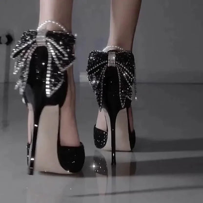 French style new high heels bow sequin pointy stiletto heels Spring new single shoes sexy black high heels