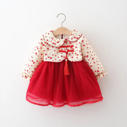 Spring and Autumn New Girl Princess Dress Red Chinese Style Small Flower Flip Collar Buckle Dress