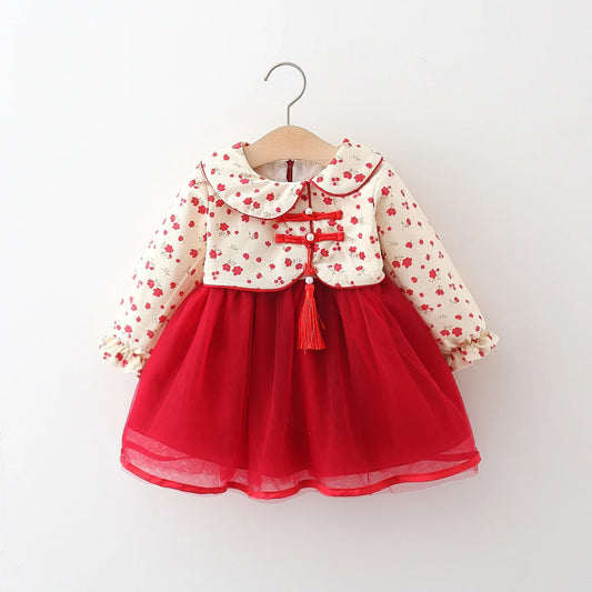 Spring and Autumn New Girl Princess Dress Red Chinese Style Small Flower Flip Collar Buckle Dress