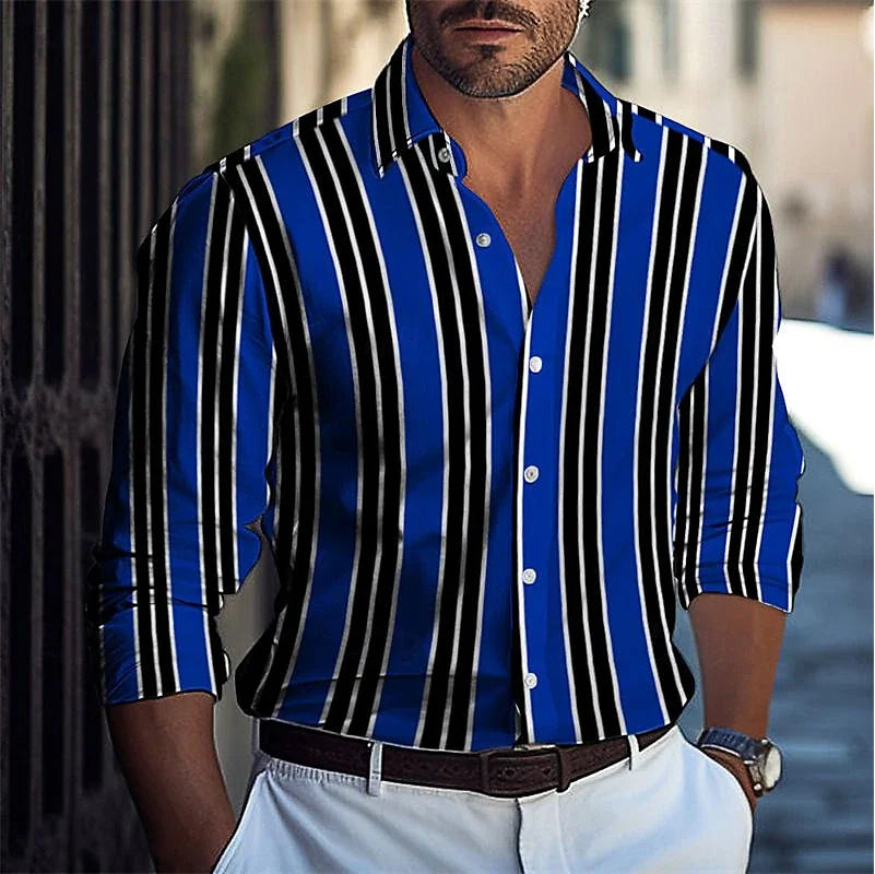 Striped Men's Business Casual 3D Printed shirt Spring/Summer lapel long sleeve Comfortable and elegant garment top