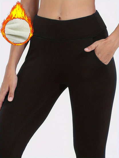 Women's Thickened Winter With Pocket High Waisted Fleece-Lined Leggings For Outdoor Casual Warmth And Cold Protection