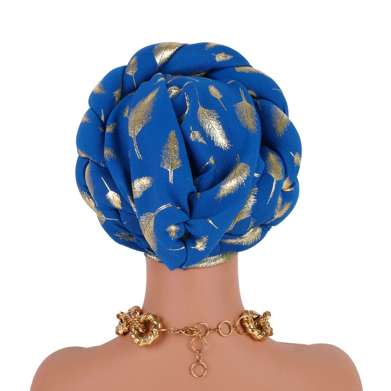 Muslim Headscarf Bonnet Turbante mujer Feather Gold Stamping Braids Turban Cap for Women Fashion African Lady Head Wraps