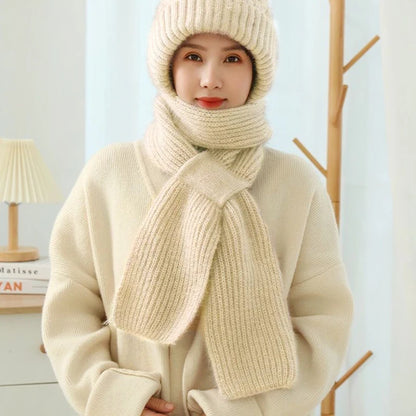 Velvet Thickened Plush Hats And Scarf All In One Knitted Women's Winter Double Layer Warm Wool Hooded Ear Protection Beanie Cap