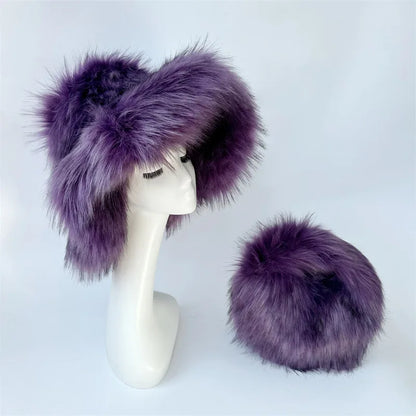 Fur bucket hat and bag set Women's warm plush autumn and winter hat Punk style imitation raccoon fur basin hat and handbag